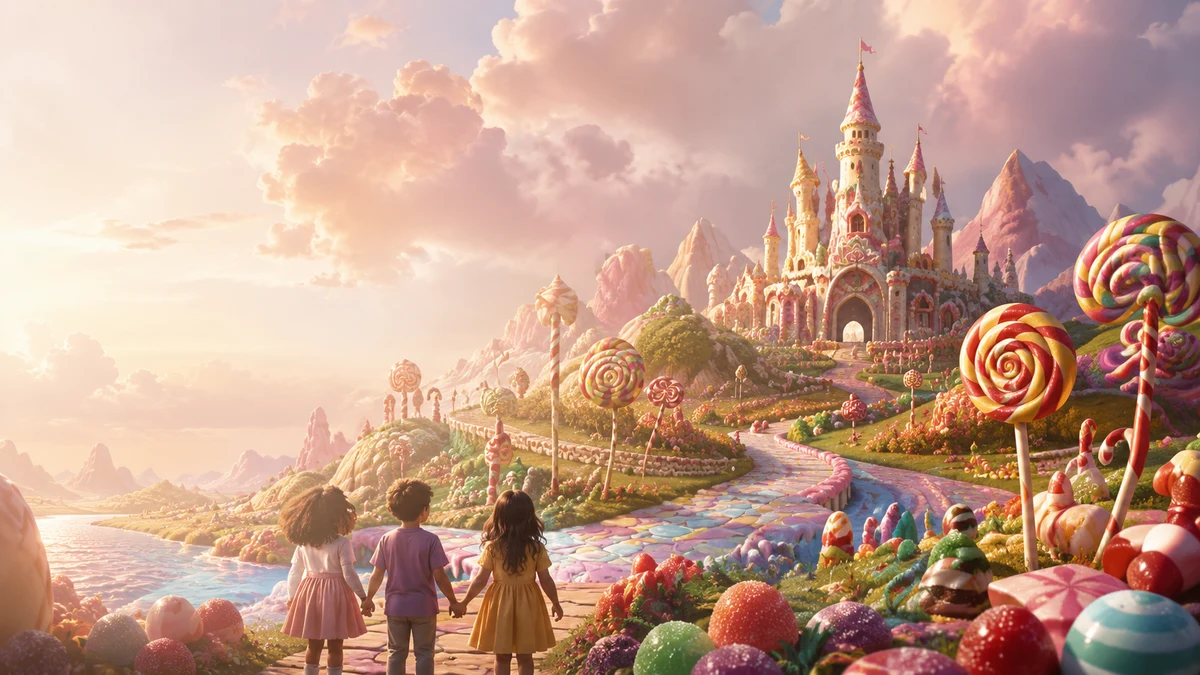 Wide cinematic view of the Candy Kingdom world.